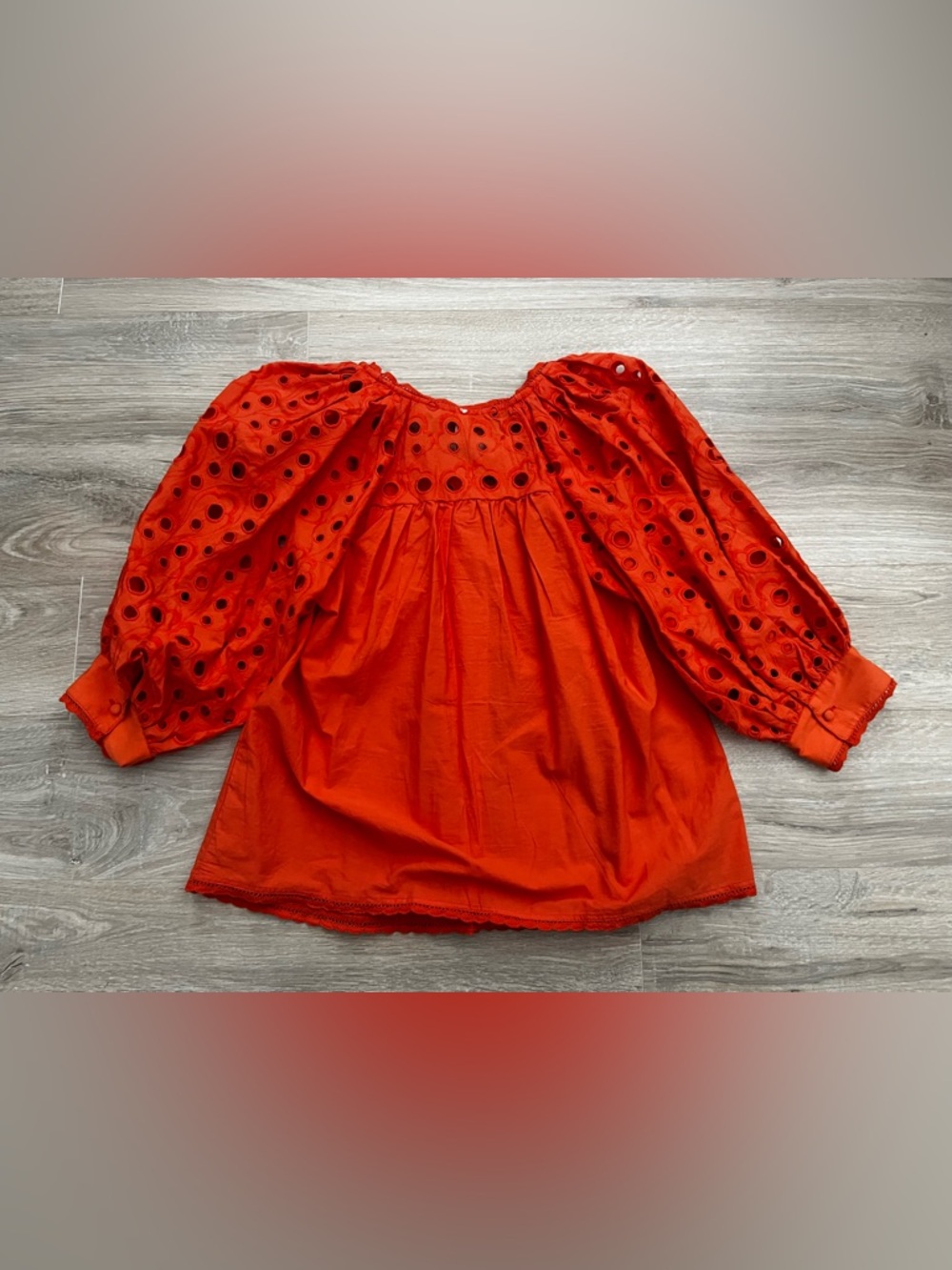 Anthropologie Women’s Chantal Orange Red Eyelet Puff-Sleeve Button Blouse Small - Picture 12 of 12